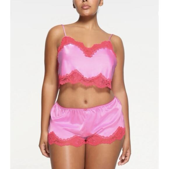 SKIMS Stretch Satin Lace Tap Short Neon Orchid Pink S Sexy Romantic Barbie - Picture 1 of 10